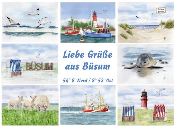 Poster DIN-A4 Aquarell Maritim Kunst Druck Kunstdruck Nordsee Büsum Collage Strandkorb Leuchtturm Hafen Strand Meer